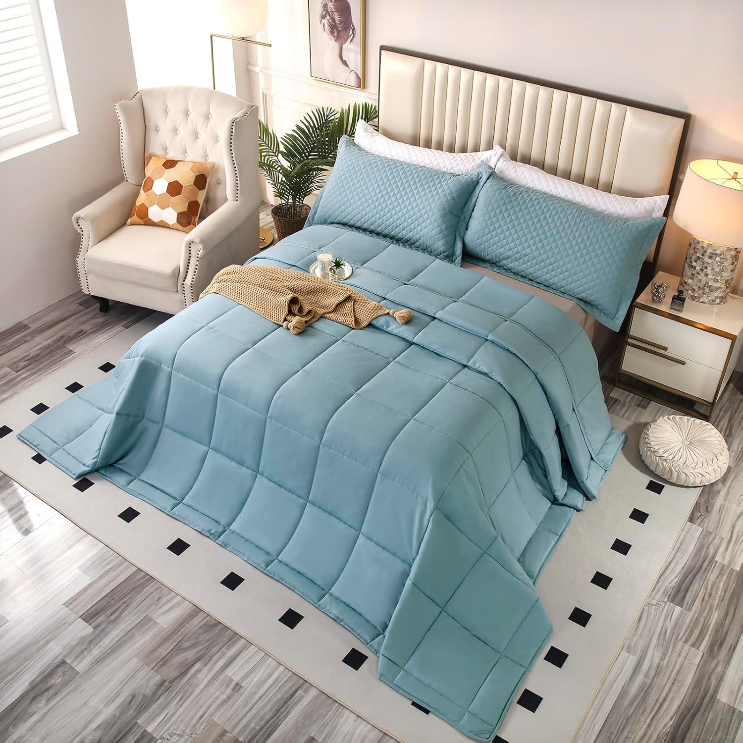 Size 128x120 Color Light Blue Oversized King Plus Comforter, Winter Warm Extra Large King Size Quilt Piece Lightweight Reversible Down Alternative Comforter for Al